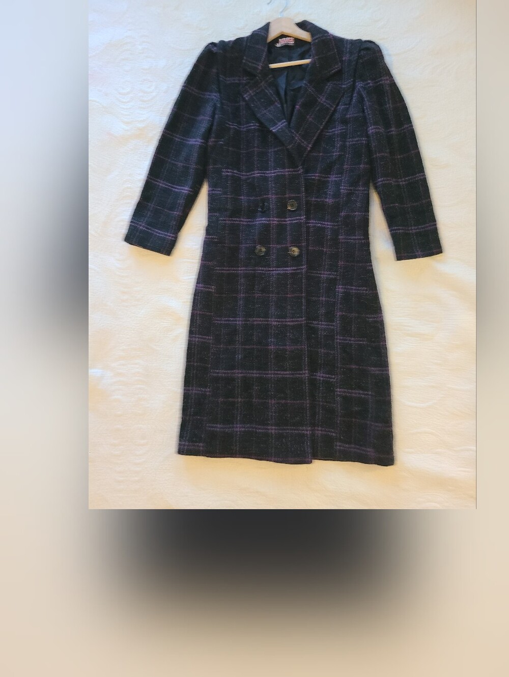 New York Girl Double-Breasted Plaid Wool-Blend Long Coat Black & Purple Overcoat
